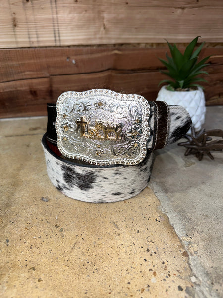 Black Cowhide Leather Belt & praying Cowboy Buckle Set