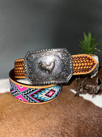 Pink Beaded 2” Belt + Silver Cock Buckle Set