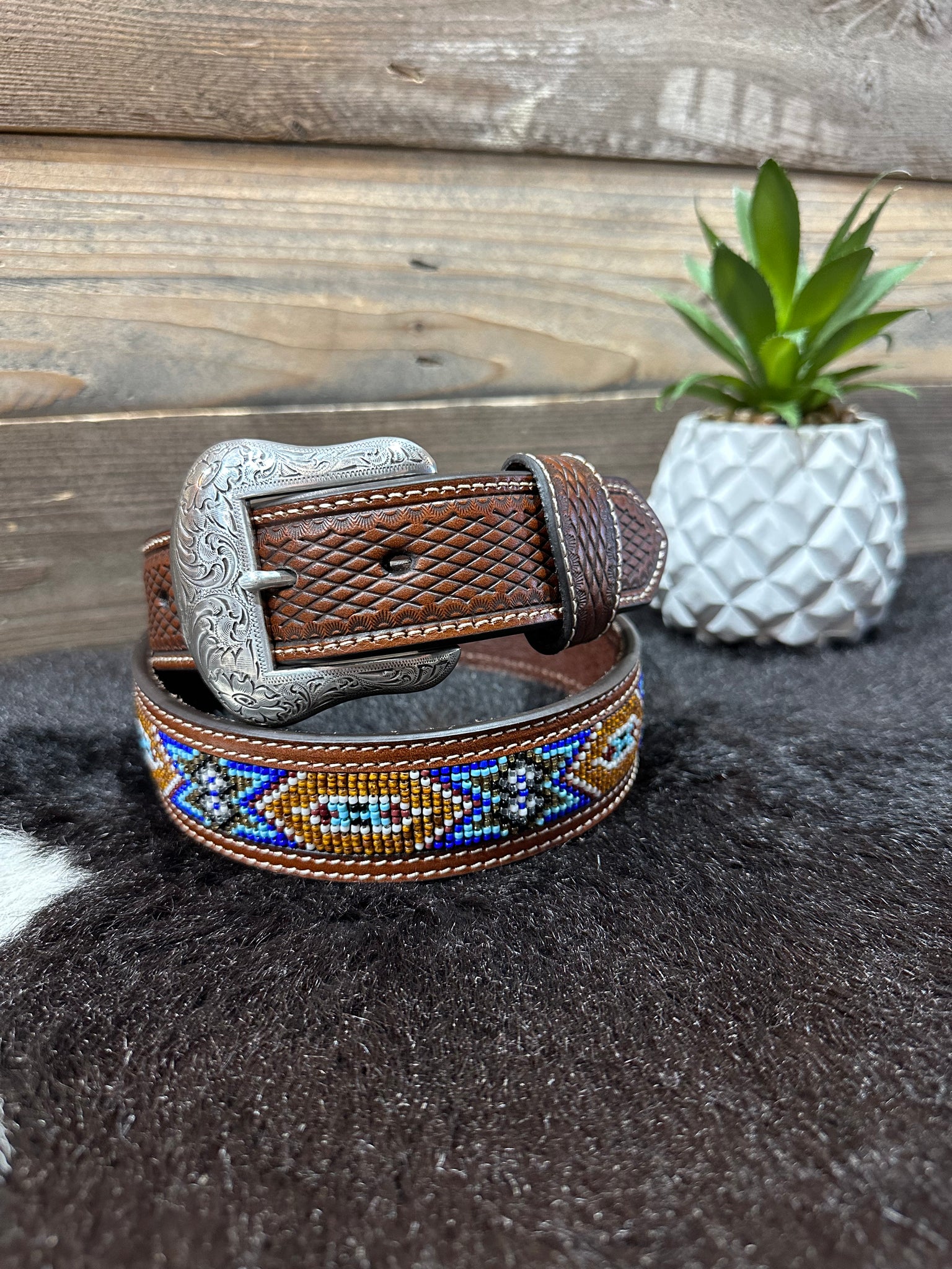 Brown & Blue Beaded Leather Belt