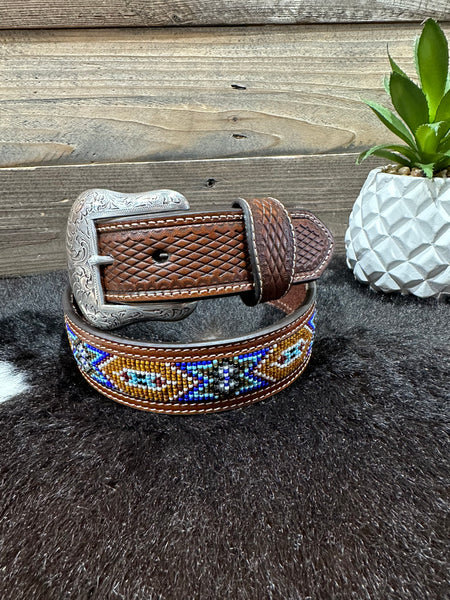 Brown & Blue Beaded Leather Belt