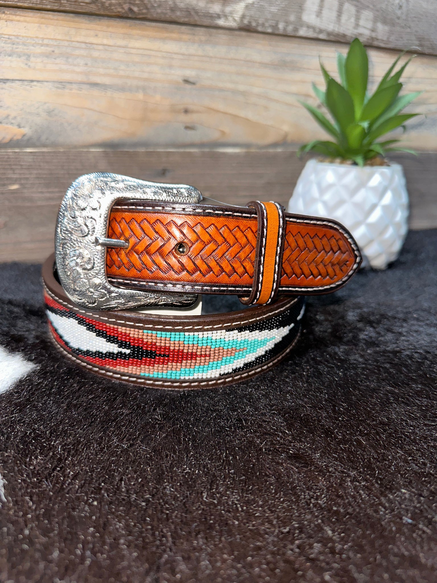 Turquoise/ Brown Beaded Leather Belt