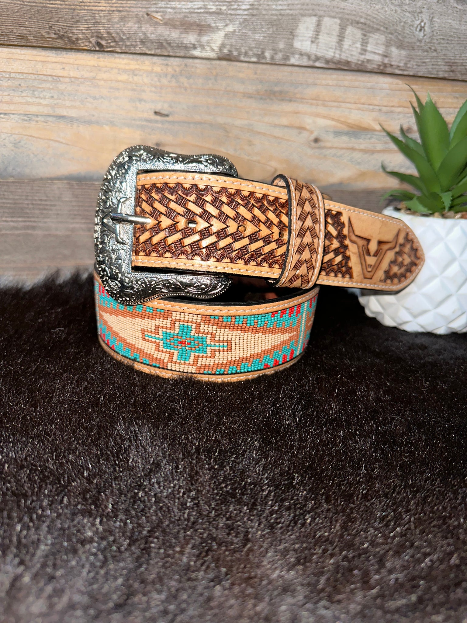 Brown Aztec Beaded 2” Belt