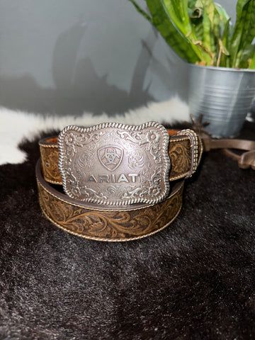 Ariat Suede Floral Tooled Belt With Buckle