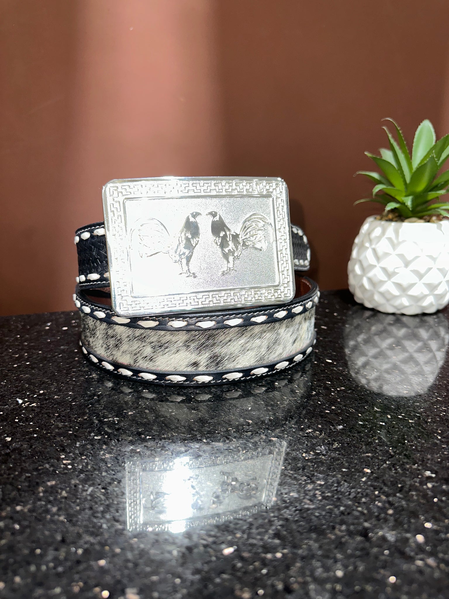 Black Cowhide Leather Belt & Dos Gallos Buckle Set