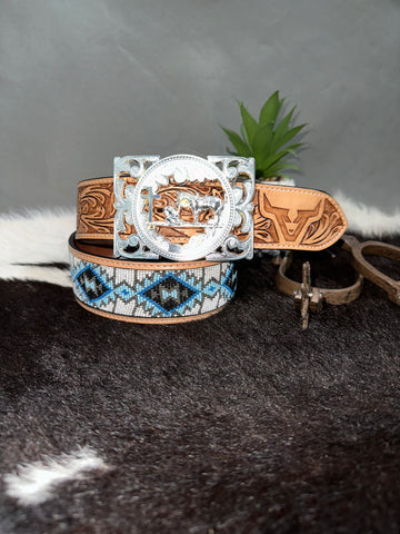 Praying Cowboy Aztec Tooling Buckle